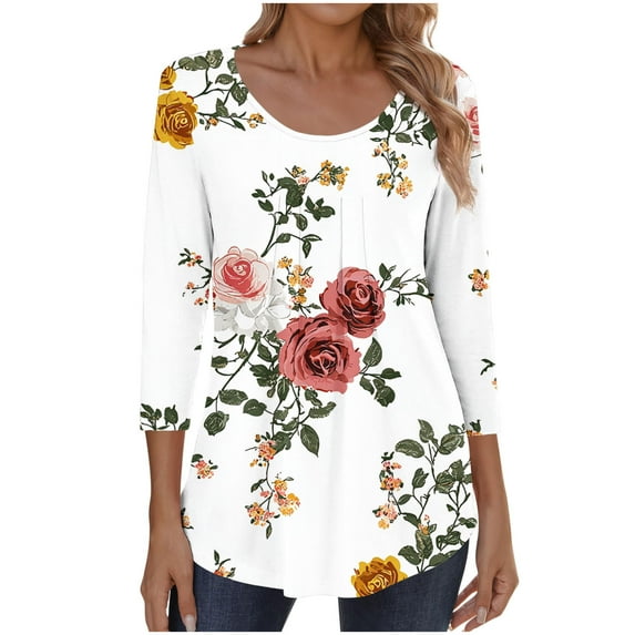 Fewfanhot Womens Blouses Casual V Neck Top Pleated Floral Boho Blouses Fall Tunics
