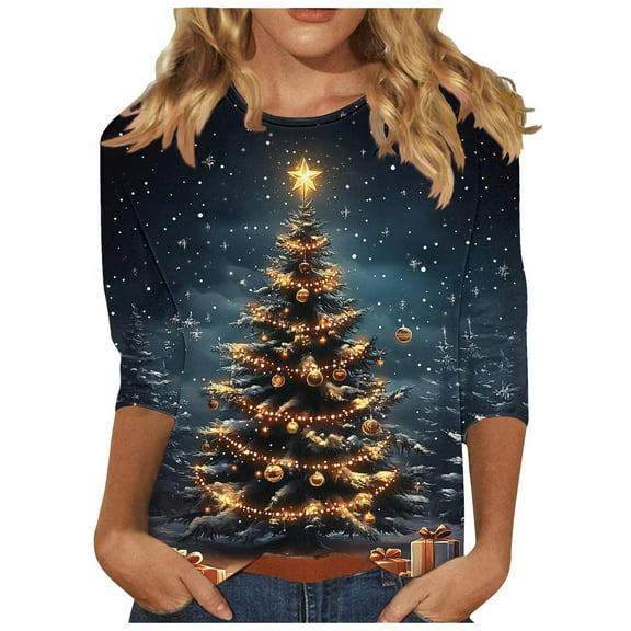 Fewfanhot Womens Blouses Christmas Shirts for Women Funny Graphic Crewneck 3/4 Sleeve Holiday Casual Dressy Blouses