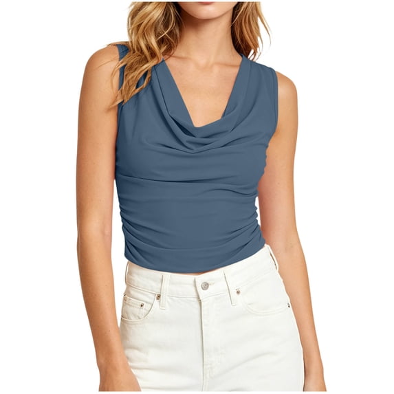Fewfanhot Womens Blouses Cowl Neck Tank Top Draped V Neck Ruched Sleeveless Summer Casual Dressy Blouse