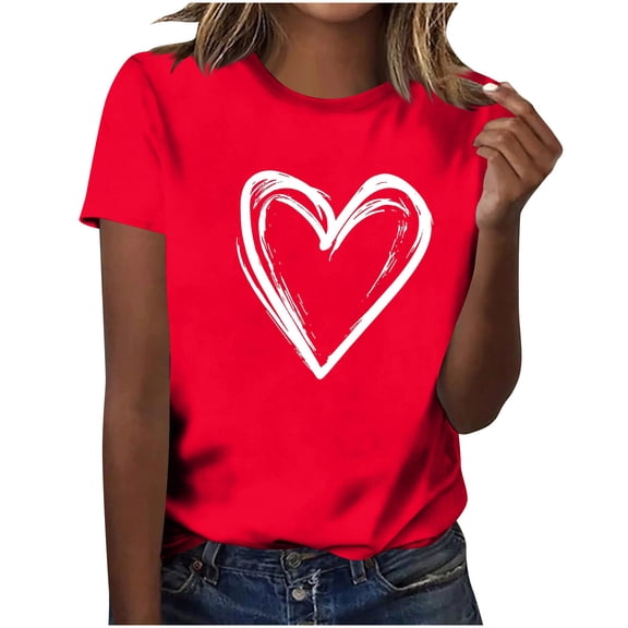 Fewfanhot Womens Blouses Heart Print T Shirts Cute Casual Shirts Funny Graphic Short Sleeve Tops