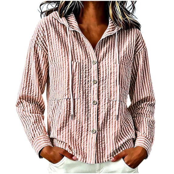 Fewfanhot Womens Blouses Striped Button Down Shirt Hooded Drawstring Long Sleeve Casual Blouse Tops