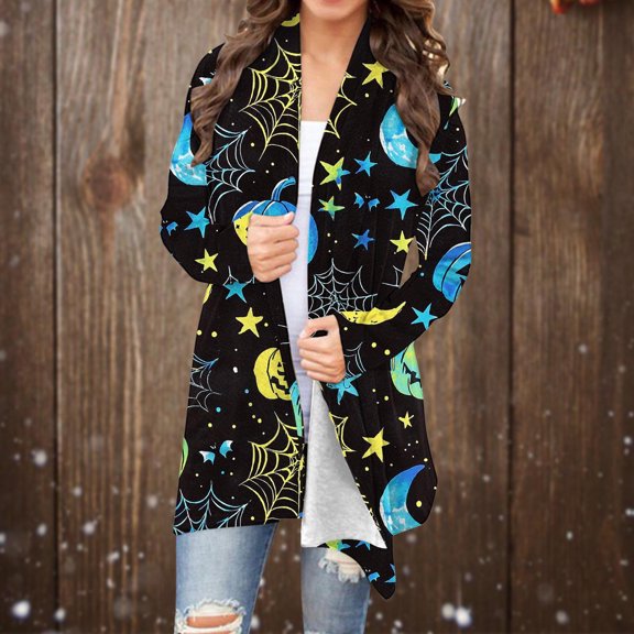 Fewfanhot Womens Cardigan Halloween Long Sleeve Cardigan Fall Open Front Cardigan Pumpkin Print Medium Length Coat