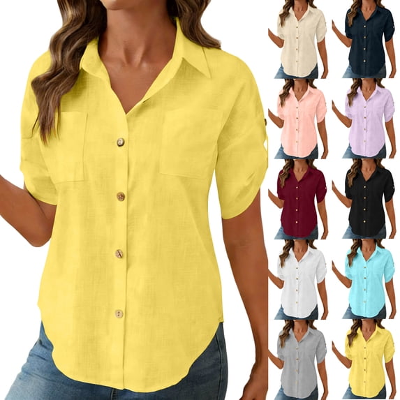 Fewfanhot Womens Casual Tops Short Sleeve Shirts V Neck Collared Button Down Shirt Tops with Pockets