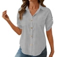 thumbnail image 1 of Fewfanhot Womens Casual Tops Short Sleeve Shirts V Neck Collared Button Down Shirt Tops with Pockets, 1 of 7