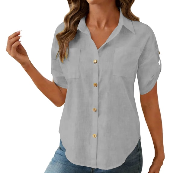 Fewfanhot Womens Casual Tops Short Sleeve Shirts V Neck Collared Button Down Shirt Tops with Pockets