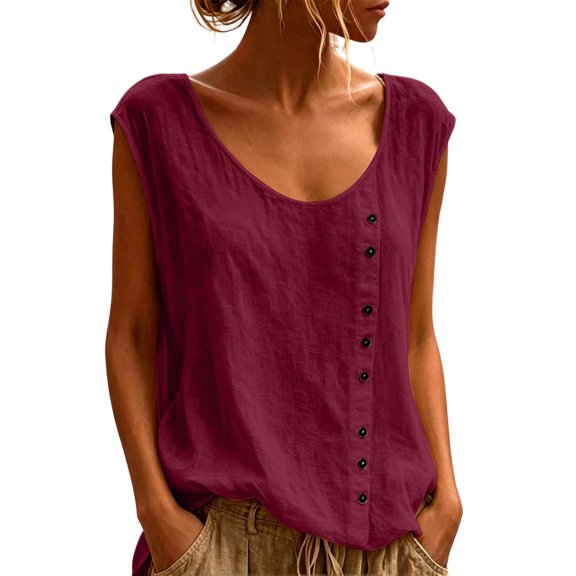 Fewfanhot Womens Casual Tops Sleeveless Tank Tops Scoop Neck Button Pleated Blouse
