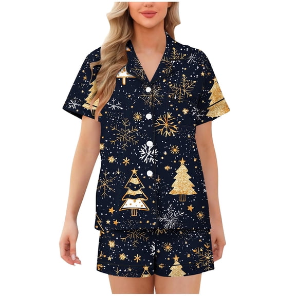 Fewfanhot Womens Christmas Pajamas Christmas Sleepwear Button Down Short Sleeve Top and Shorts Loungewear 2 Piece Pj Sets
