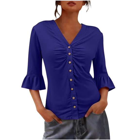 Fewfanhot Womens Clothes Button Down T Shirts 3/4 Sleeve V Neck Tops Casual Summer Ladies Tees
