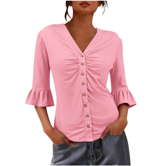 Fewfanhot Womens Clothes Button Down T Shirts 3/4 Sleeve V Neck Tops Casual Summer Ladies Tees