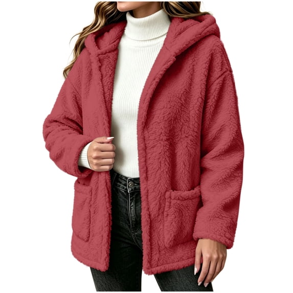 Fewfanhot Womens Clothes Fleece Sherpa Fuzzy Winter Warm Coat Hooded with Pockets Zip-Up Casual Top