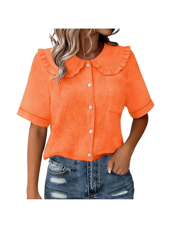 Womens Clothes Floral Button Down Blouse Short Puff Sleeve V Neck Vacation Shirts