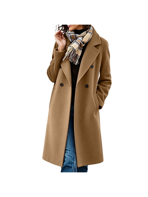 Womens Clothes Notched Lapel Double Breasted Pea Coat Mid Long Coats Fall Winter Jackets 2026
