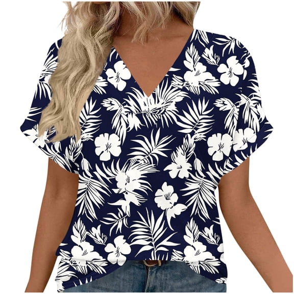 Fewfanhot Womens Clothes Soft Summer Hawaii Tshirts Beach Print V Neck Button up Tops Floral Short Sleeve Tops