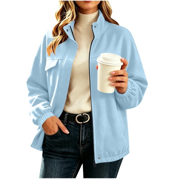 Fewfanhot Womens Clothes Zip Up Casual Stand Collar Long Sleeve Hoodie Cardigan Jacket With Pockets