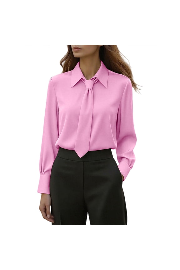 Womens Clothing Bow Tie Front Smocked Long Sleeve Blouse Elegant Office Shirt Top