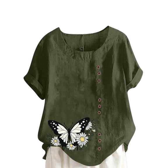 Fewfanhot Womens Clothing Floral Crewneck Workout Cute Blouses Casual Loose Fit Short Sleeve Button T-shirt Blouse