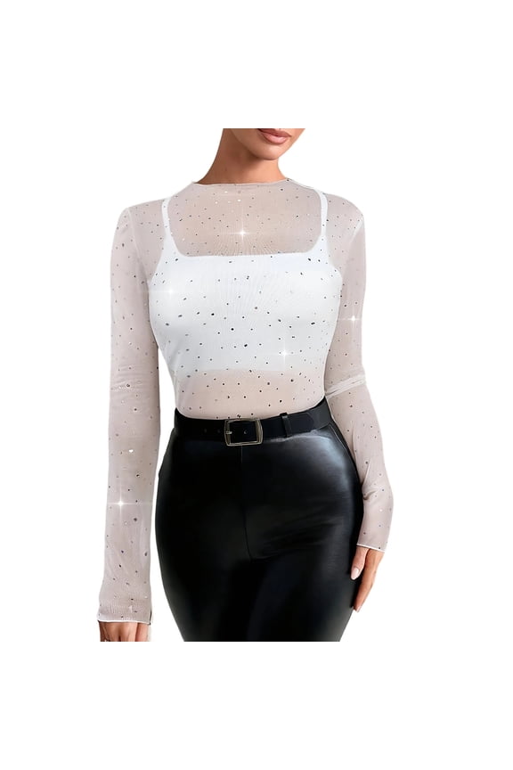 Womens Clothing Mesh Bodysuit Mock Neck Long Sleeve Sheer Rhinestone Going Out Top