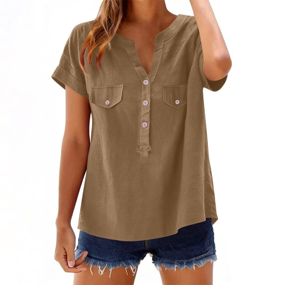 Fewfanhot Womens Clothing Summer Short Sleeve V Neck Button Down Tops Dressy Casual Oversized Tshirts