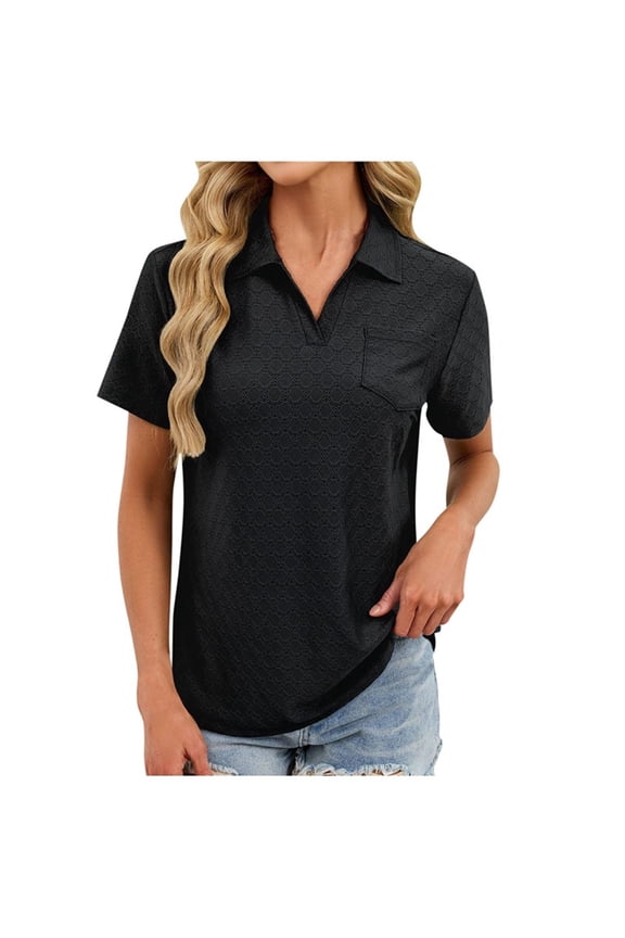 Womens Clothing V Neck Shirts Short Sleeve Collared Tops Loose Casual Tunic Blouses with Pocket