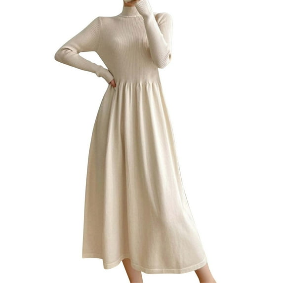 Fewfanhot Womens Dresses Casual Ribbed Knit High Neck Dress Long Sleeve Lightweight A Line Flare Dresses