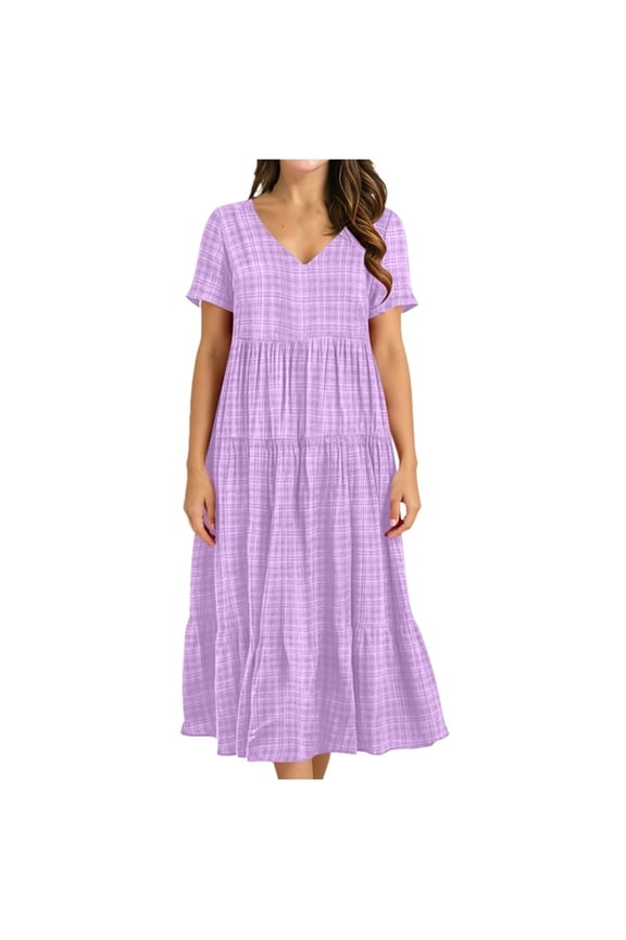 Womens Dresses Casual Short Sleeve V-Neck Empire Waist Gingham Spring Fashion Long Trendy Tiered Formal Dresses