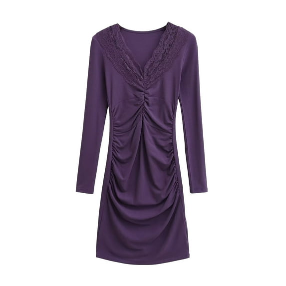 Fewfanhot Womens Dresses Long Sleeve Casual Pleated V Neck Dress A Line Tunic Dress