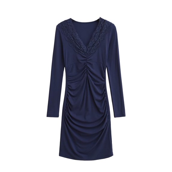 Fewfanhot Womens Dresses Long Sleeve Casual Pleated V Neck Dress A Line Tunic Dress