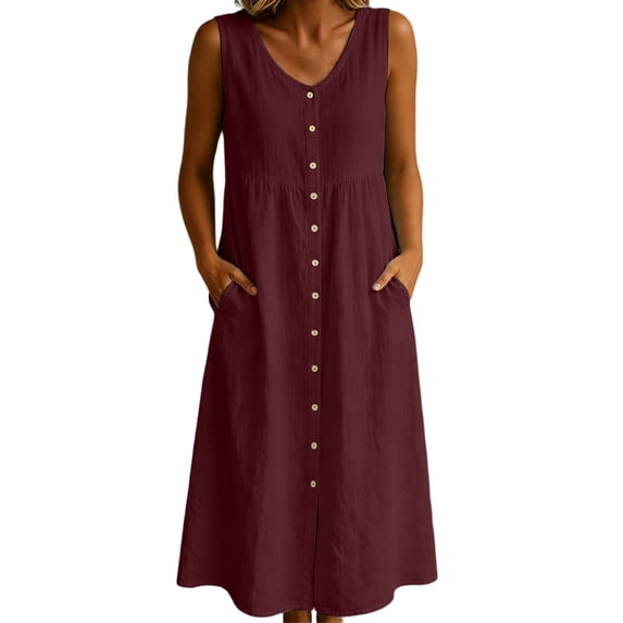 Fewfanhot Womens Dresses Summer Dresses Sleeveless Casual Loose Swing Button Down Midi Dress with Pockets