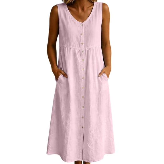 Fewfanhot Womens Dresses Summer Dresses Sleeveless Casual Loose Swing Button Down Midi Dress with Pockets