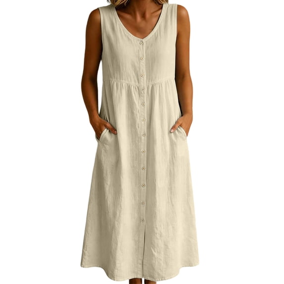 Fewfanhot Womens Dresses Summer Dresses Sleeveless Casual Loose Swing Button Down Midi Dress with Pockets