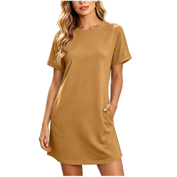 Fewfanhot Womens Dresses Summer Mini Dresses Short Sleeve Sundresses Casual Crewneck Loose Fit Beach Vacation with Pockets