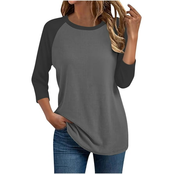 Fewfanhot Womens Fall Clothes 3/4 Sleeve Fashion Crewneck Tops Color Block Blouse Casual Raglan Shirt