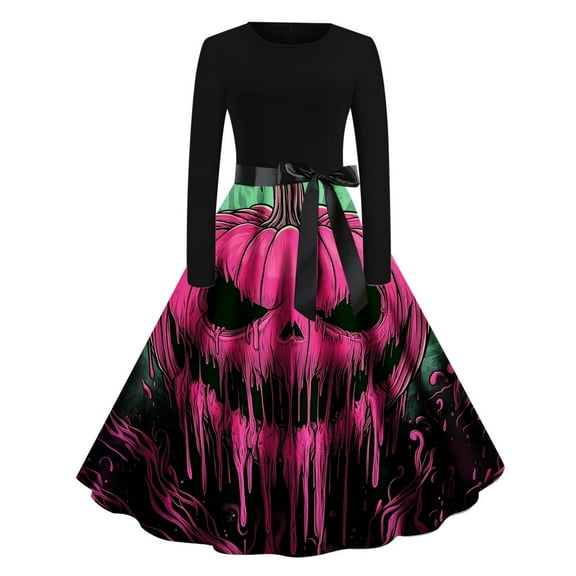 Fewfanhot Womens Fall Dresses A-Line Plus Size Halloween Print Long Sleeve V-Neck Dresses with Belt