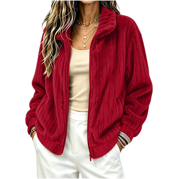 Fewfanhot Womens Fall Outfits Zip Up Long Sleeve Winter Fall Outerwear Fleece Warm Coat Top