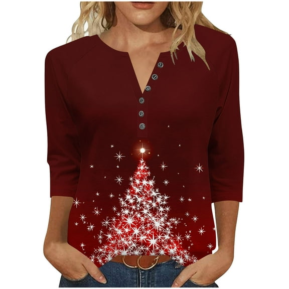 Fewfanhot Womens Fall Tops 3/4 V Neck Sleeve Christmas Shirts Merry Christmas Shirts Plaid Leopard Tree Graphic Tee Tops