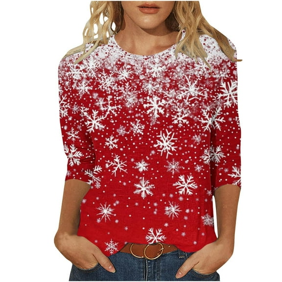 Fewfanhot Womens Fall Tops Fashion Casual Snowflake Christmas Tree Print 3/4 Sleeve Shirts Plus Size Ladies Tops