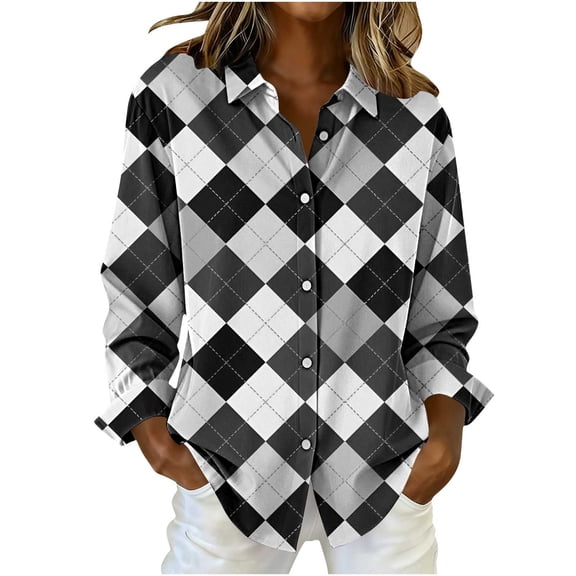 Fewfanhot Womens Fall Tops Plaid Shirts Button Down Long Sleeve Oversized Casual Blouse Tops