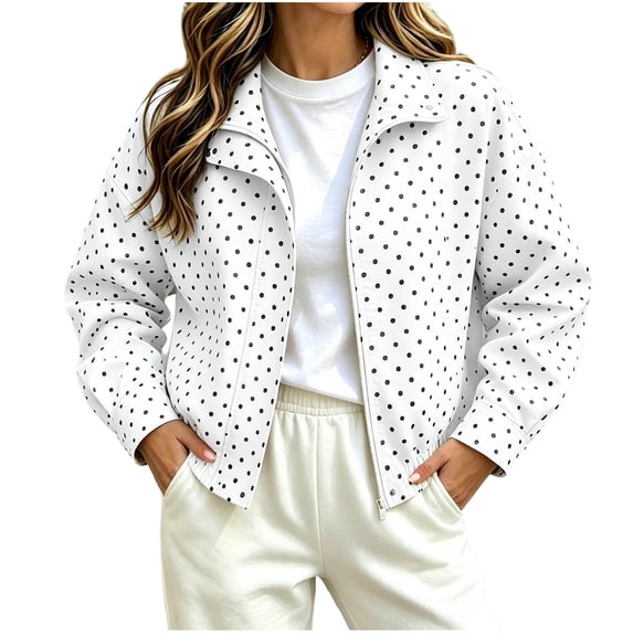 Fewfanhot Womens Fall Tops Polka Dot Cropped Jacket Full Zip with Pockets Lightweight Relaxed Fit Spring and Fall