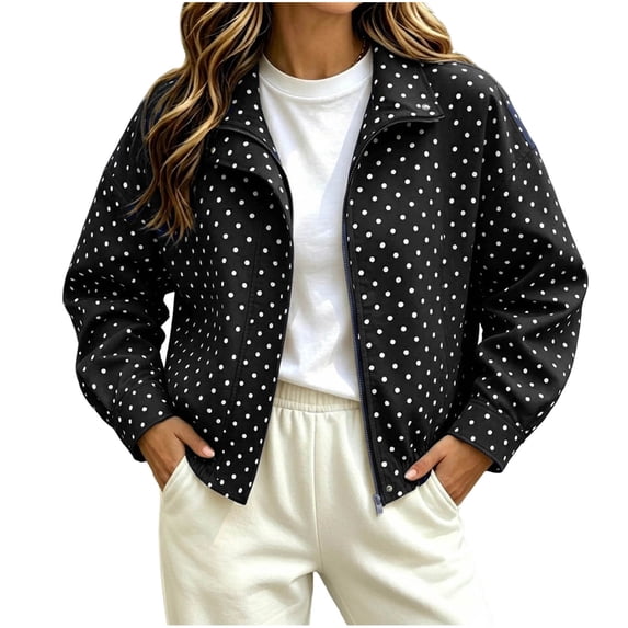 Fewfanhot Womens Fall Tops Polka Dot Cropped Jacket Full Zip with Pockets Lightweight Relaxed Fit Spring and Fall