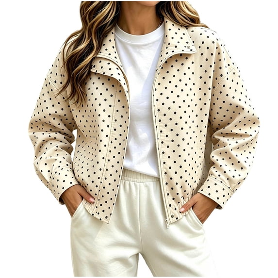 Fewfanhot Womens Fall Tops Polka Dot Cropped Jacket Full Zip with Pockets Lightweight Relaxed Fit Spring and Fall