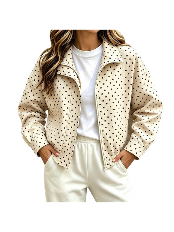 Womens Fall Tops Polka Dot Cropped Jacket Full Zip with Pockets Lightweight Relaxed Fit Spring and Fall
