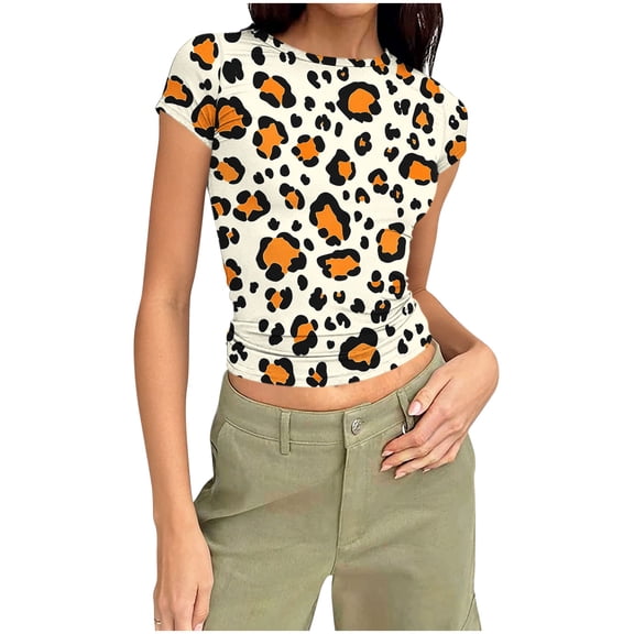 Fewfanhot Womens Fashion Short Sleeve Flower Graphi Vintage Aesthetic Floral Print Summer Crop Tshirt Tops