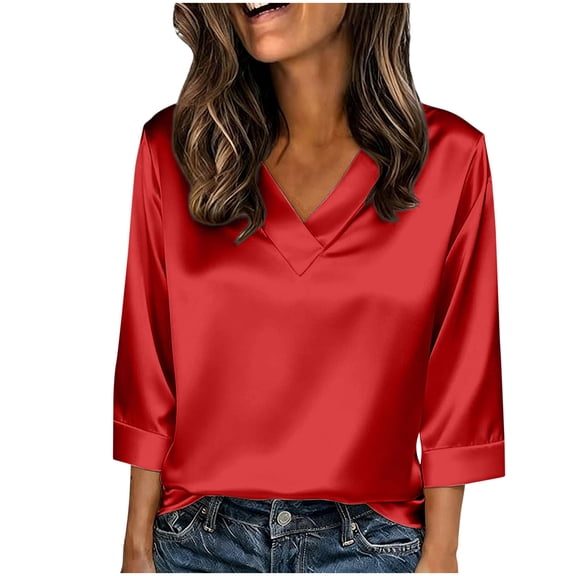 Fewfanhot Womens Fashion Silk Satin Tops Cap Three-Quarter Sleeve Blouse V Neck Shirts Business Casual Outfits