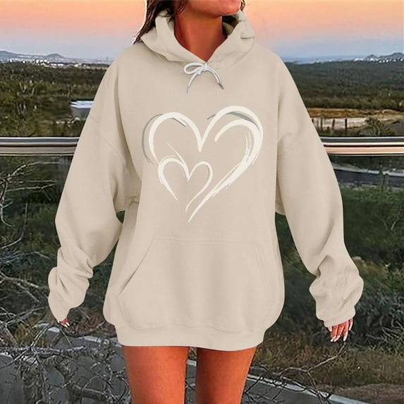 Fewfanhot Womens Hoodies Casual Heart Print Long Sleeve Pullover Hoodie Sweatshirt Tops