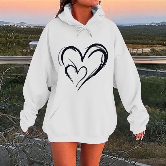 Fewfanhot Womens Hoodies Casual Heart Print Long Sleeve Pullover Hoodie Sweatshirt Tops