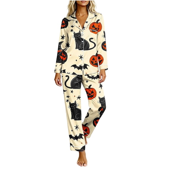 Fewfanhot Womens Lounge Set Halloween Pjs Drawstring Long Sleeve Pj Sets with Pockets for Pajamas Party