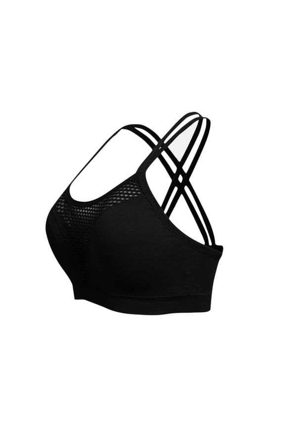 Fewfanhot Women's Medium Support Cross-Back Sports Bra, Mesh Panel Breathable Workout Bra, Crisscross Strap Yoga & Gym Top, Black, L