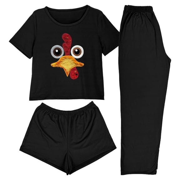 Fewfanhot Womens Pajamas 3 Piece Cute Thanksgiving Turkey Print Pajama Set Short Sleeve Tee Lounge Shorts and Pants Sleepwear