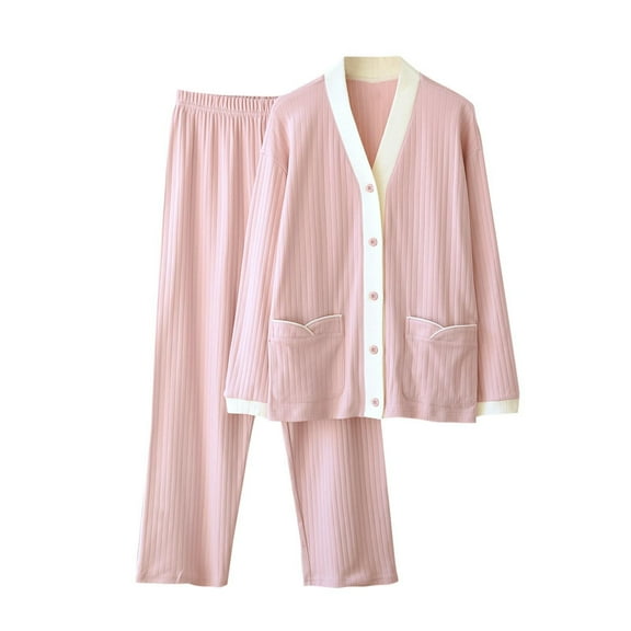 Fewfanhot Womens Pajamas Long Sleeve Sleepwear Soft Button Down Loungewear Pjs Set Nightwear V-Neck Lounge Sets