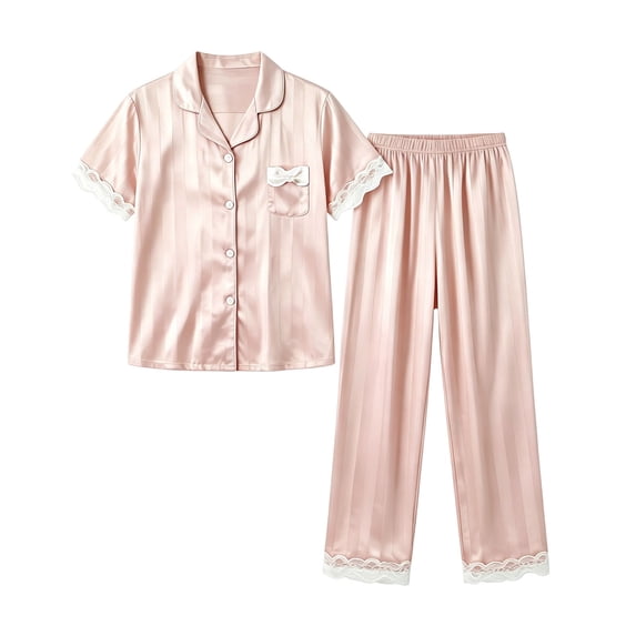 Fewfanhot Womens Pajamas Set Silk Pajama Long Sets Silky Long Pj Sets Sleepwear Stripes Pjs Loungewear